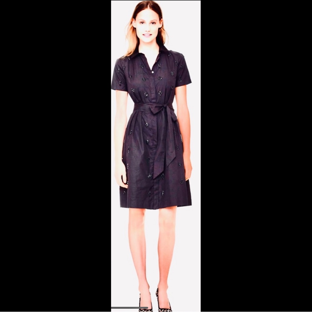 J.Crew Collection X Thomas Mason Shirt Dress Black Hand Beaded Jeweled Bow Belt
